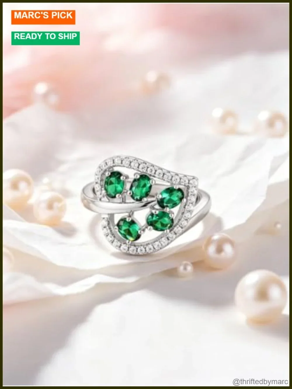 925 Sterling Silver Green Emerald Leaf Ring for Women